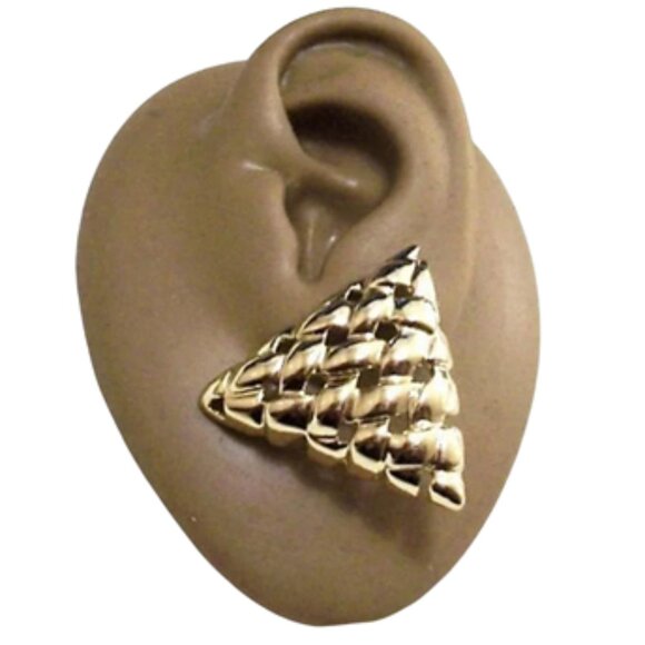 Triangle Basketweave Disc Pierced Stud Earrings Gold Tone - Picture 4 of 4